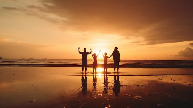 Foto foto de la feliz familia asiática saltando juntos en la playa