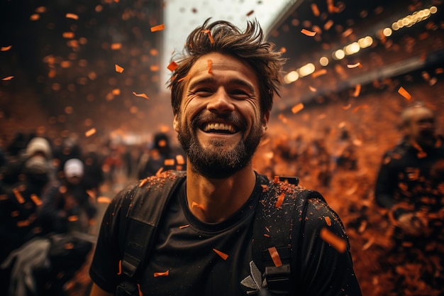 Foto de un feliz jugador de fútbol celebrando la victoria con confeti cayendo