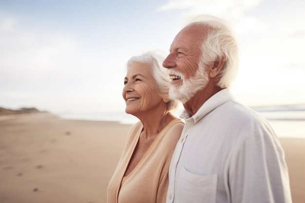 Foto de una feliz pareja de ancianos en la playa creada con IA generativa