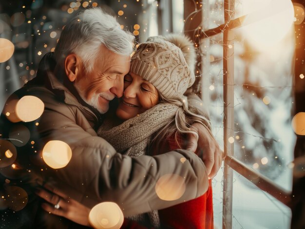 Foto de una feliz pareja de mayores abrazándose en casa vestidos de invierno en una atmósfera acogedora