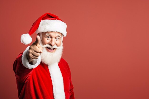 foto feliz surpreendido Papai Noel apontando para a parede de publicidade em branco com espaço de cópia