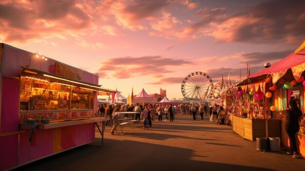 Foto una foto de una feria al aire libre animada con cabinas coloridas luz del sol de la hora dorada