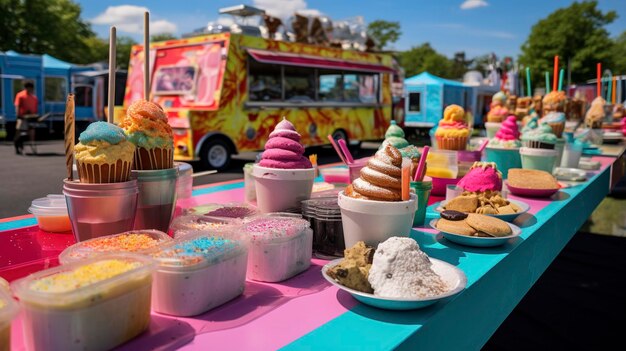 Una foto de un festival de camiones de comida con una variedad de postres y golosinas