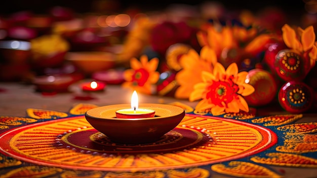 Una foto de un festival de Diwali con coloridos diseños de rangoli fuegos artificiales en el cielo