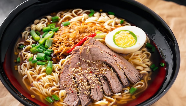 foto fideos ramen recién cocinados con carne de res y verduras