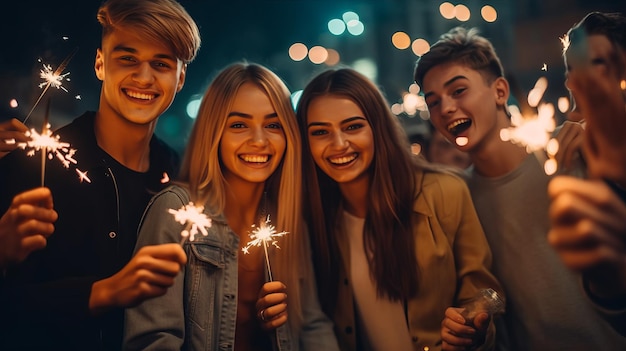 foto de fiesta con amigos Grupo de jóvenes alegres portando bengalas y copas de champán