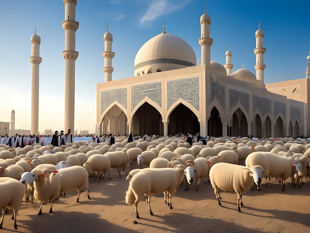 Foto de la fiesta islámica de Eid Al Adha frente a la mezquita con ovejas