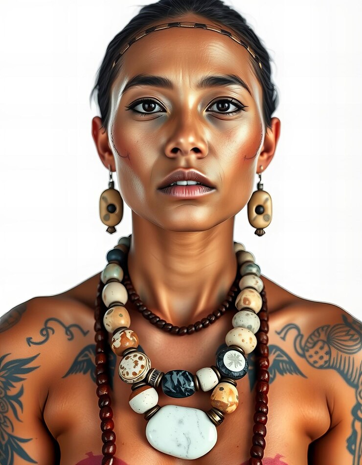 Foto foto figura cativante com tatuagens intrincadas usando um colar de pedras mostrando sua tribo