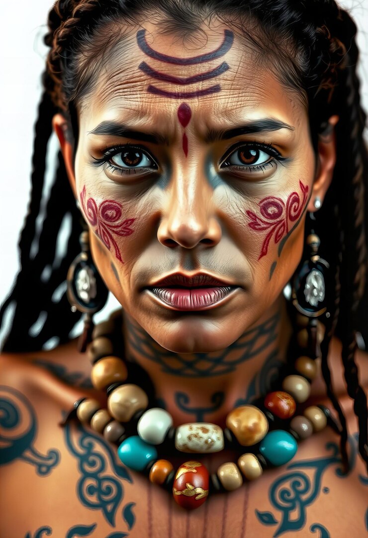 Foto foto figura cativante com tatuagens intrincadas usando um colar de pedras mostrando sua tribo