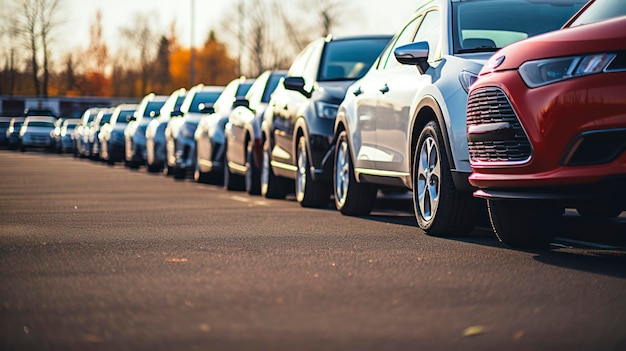 Foto de una fila de automóviles a la venta en lotes de inventario del concesionario de automóviles