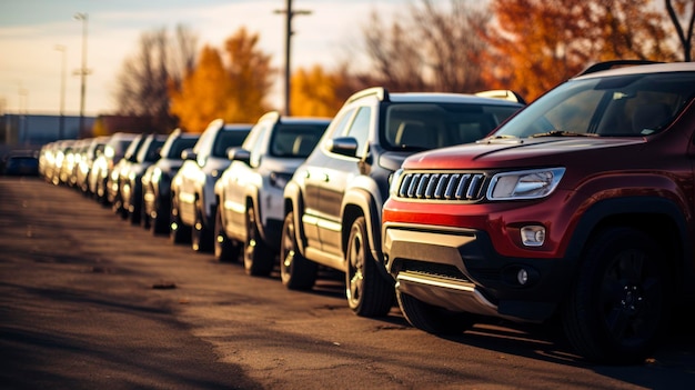 Foto de una fila de automóviles a la venta en lotes de inventario del concesionario de automóviles