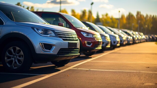 Foto de una fila de automóviles a la venta en lotes de inventario del concesionario de automóviles