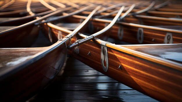 Una foto de una fila de barcos de la tripulación de remo