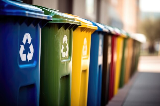 Una foto de una fila de contenedores de reciclaje en un parque urbano bien mantenido IA generativa