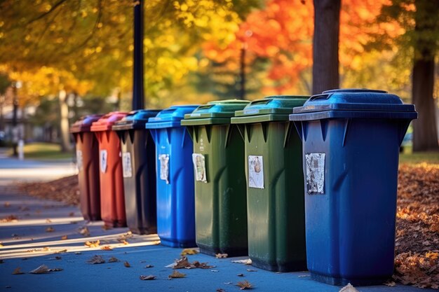 Una foto de una fila de contenedores de reciclaje en un parque urbano bien mantenido IA generativa