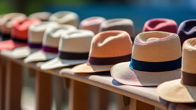 Foto una foto de una fila de sombreros de sol de moda para la venta