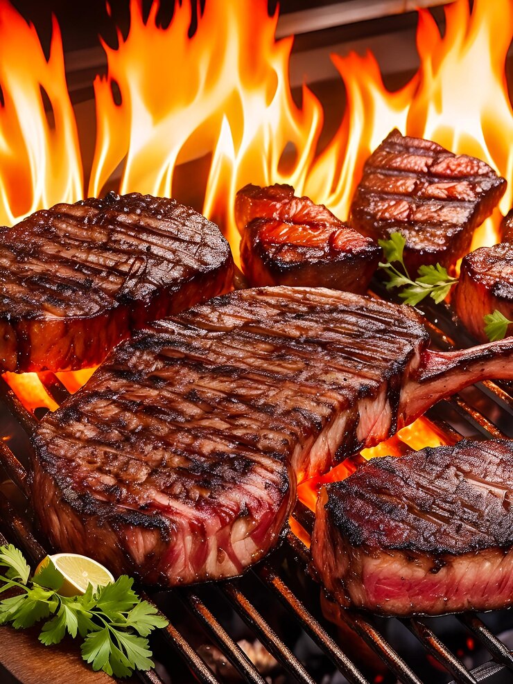 Foto de filetes cocinados en una parrilla como las llamas