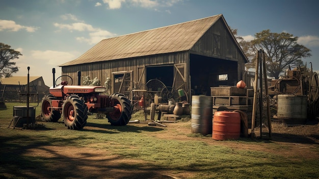 Una foto de una finca rural con varios tipos de equipamiento.