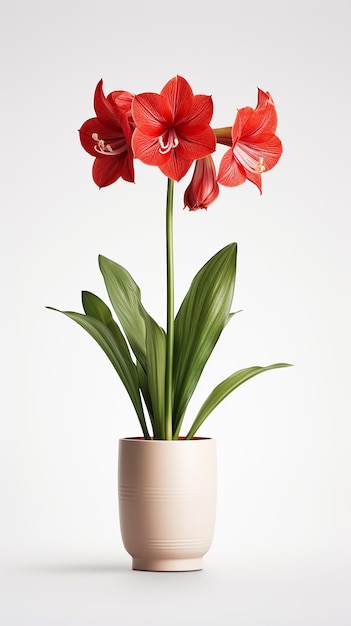 Foto de flor de Amaryllis en maceta aislada sobre fondo blanco