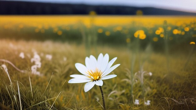 foto flor blanca con centro amarillo frente a un campo de pradera