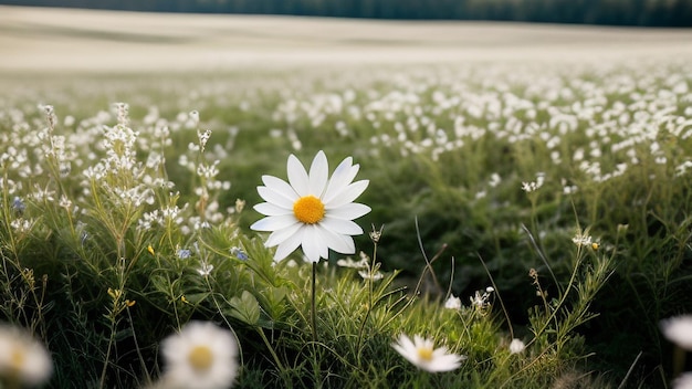 foto flor branca com centro amarelo na frente de um campo de prado