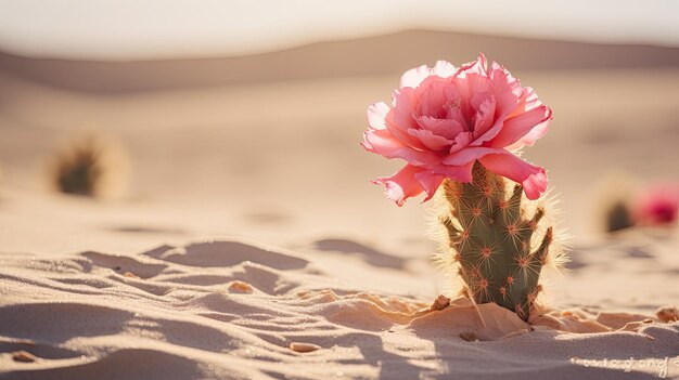 Foto una foto de una flor de cactus rosa de coral en un telón de fondo de dunas de arena del desierto