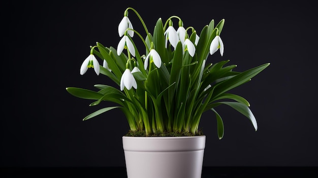 Foto de la flor de la gota de nieve en una olla aislada sobre un fondo blanco