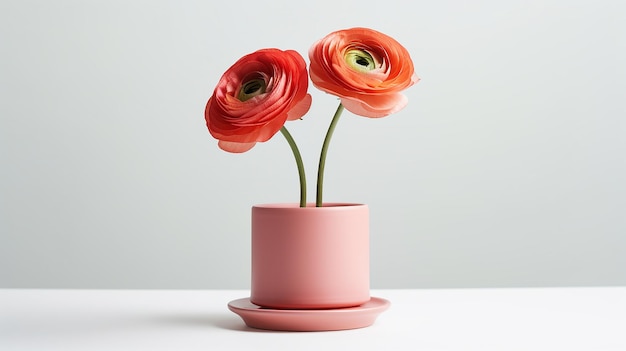 Foto de flor de Ranunculus en maceta aislada sobre fondo blanco