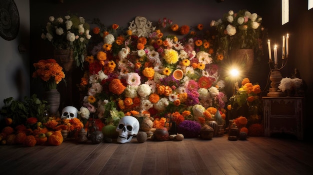 Una foto de flores y calaveras en una habitación oscura con una pared de flores y una calavera a la izquierda.