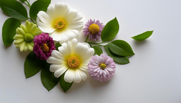 Foto flores e folhas de várias cores na decoração floral botânica de fundo branco