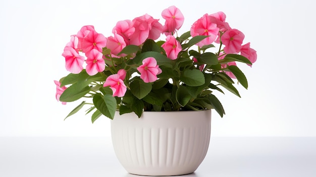 Foto de flores Impatiens en maceta minimalista como planta de interior para la decoración del hogar