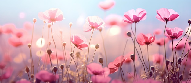 una foto de flores rosas en un campo al estilo de aguamarina clara y tonos rojos suaves y soñadores