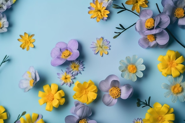 Una foto de flores sobre un fondo azul.