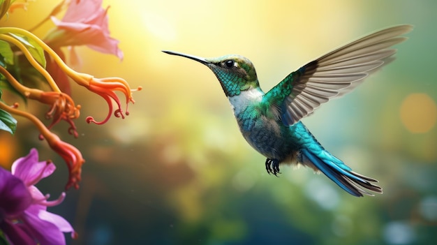 Una foto de las flores tropicales de un colibrí turquesa