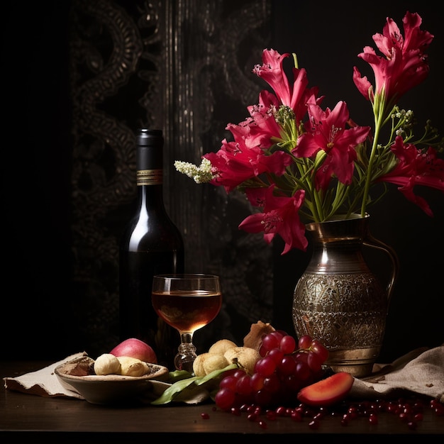 Foto de las flores de vino de Shabbat en la mesa de la cocina tradicional ritual judío de Shabbat Shabbat Shalom
