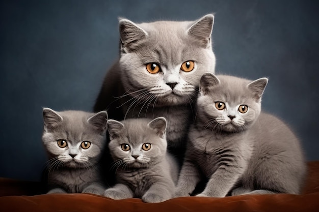 Foto fofa de uma mãe gata com gatinhos Gatos British Shorthair gerados por IA