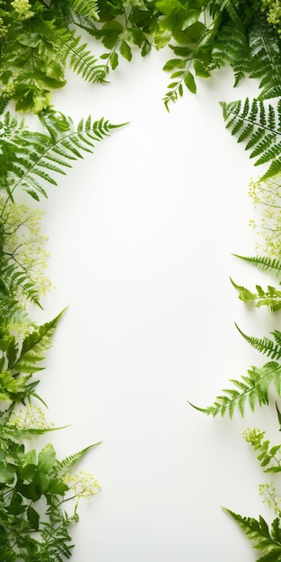 una foto de un fondo blanco con hojas verdes y flores.