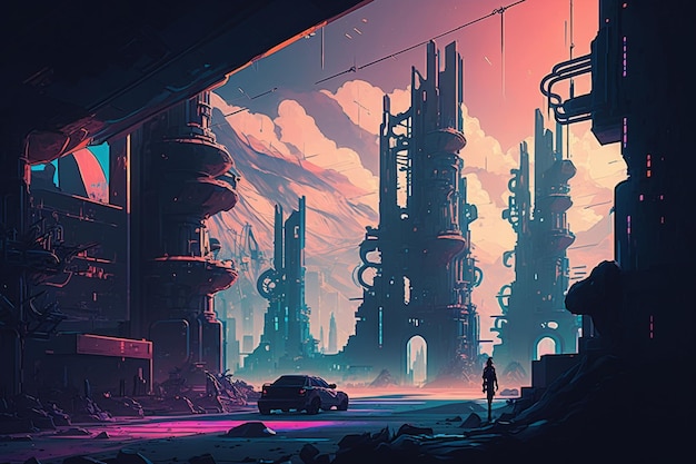 Foto de fondo colorido de la ciudad del metaverso de Cyberpunk en imagen de arte digital de arte conceptual de estilo anime