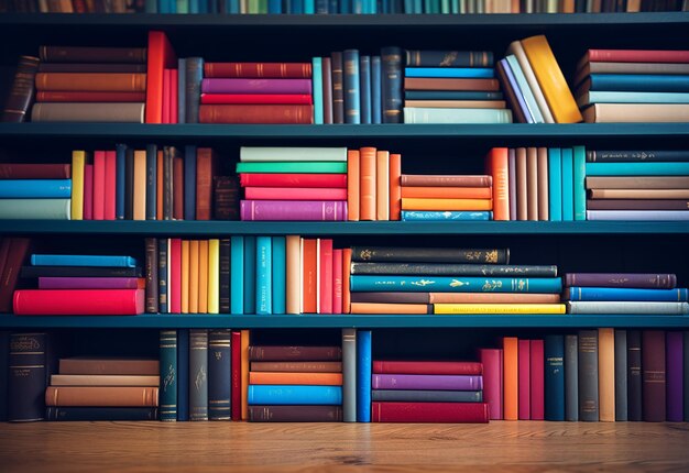 Foto foto del fondo del estante de libros de la biblioteca con libros coloridos