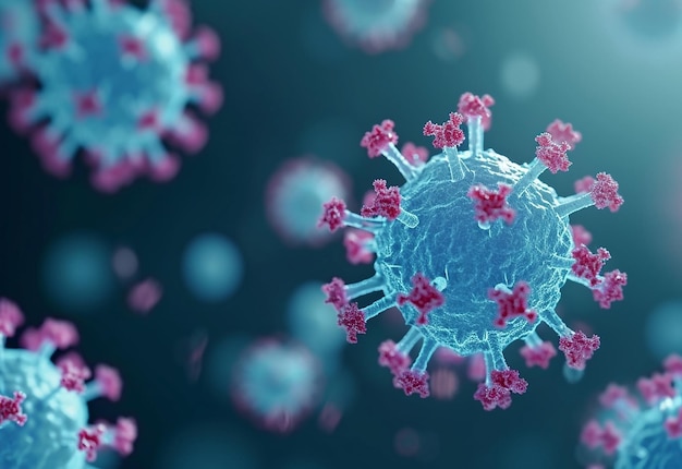 Foto del fondo de gérmenes microscópicos del virus del coronavirus con representación 3d del espacio de copia