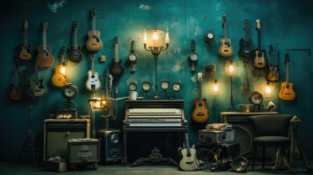 Una foto de un fondo de instrumentos retro de un estudio de música inspirado en el steampunk