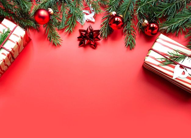 Foto de fondo navideño decorado con regalos festivos y ramas de abeto con espacio en blanco