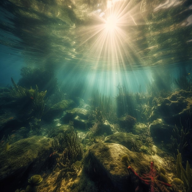 Una foto del fondo del océano con el sol brillando a través del agua.