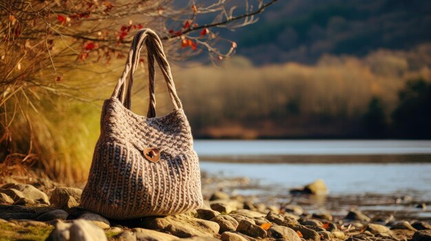 Una foto de un fondo de la orilla del río en una bolsa de punto