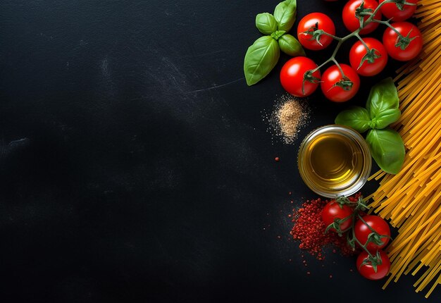 Foto de fondo de pasta italiana cruda con ingredientes para cocinar