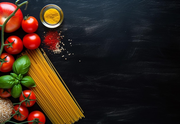 Foto de fondo de pasta italiana cruda con ingredientes para cocinar