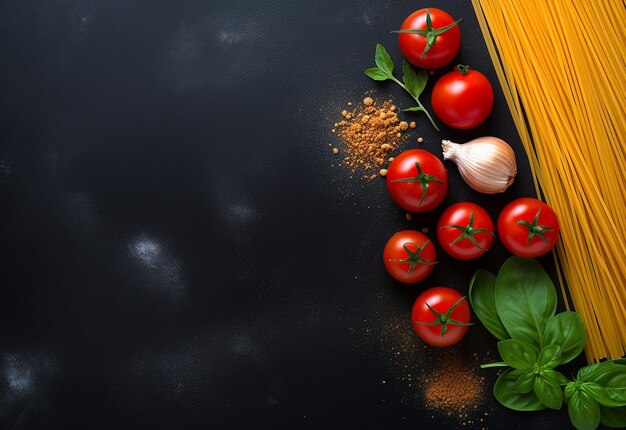 Foto de fondo de pasta italiana cruda con ingredientes para cocinar