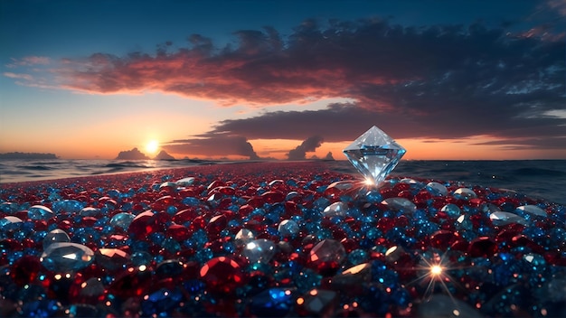 Foto de fondo de piedras preciosas de diamantes de colores transparentes de una playa de arena generativa ai