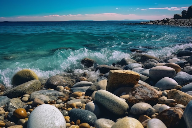 Foto de fondo de playa con roca y piedra generada por ai.