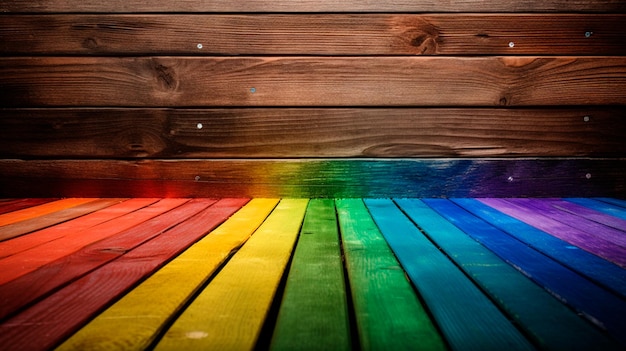 Foto de fondo de tablones de madera Rainbow AI generativa